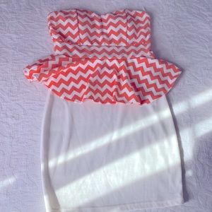 Orange and white strapless dress